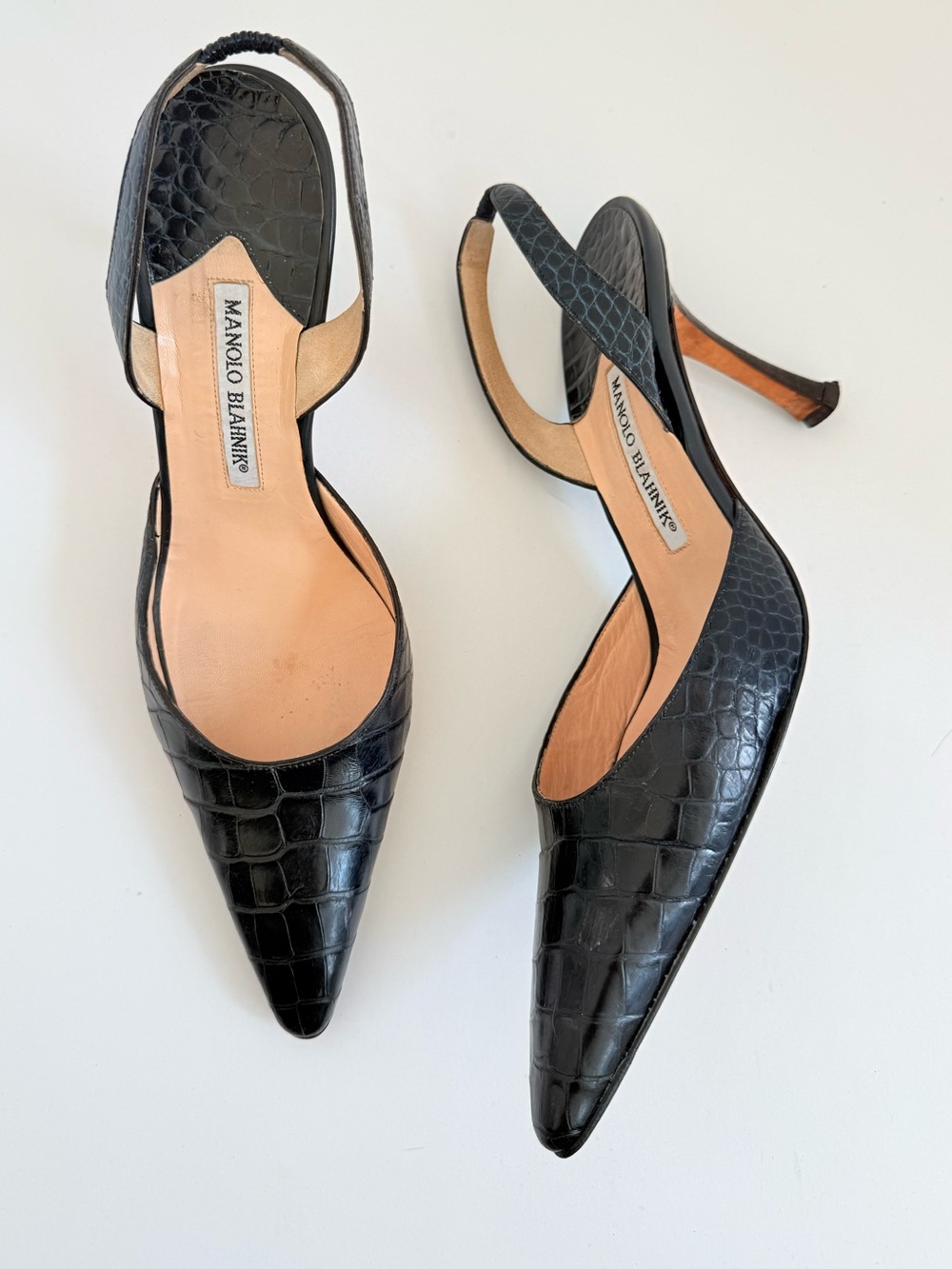 Vintage Manolo Blahnik Carolyne Midnight Navy Crocodile Slingback Heels 39